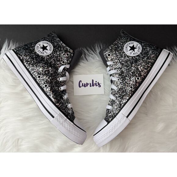 Converse Chuck Taylor All Star Hi Black/Silver/White Glitter Sneaker SZ 6 A09270 - Picture 1 of 11